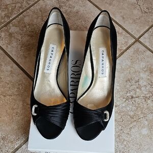 Caparros Satin Black Peep-Toe Heels